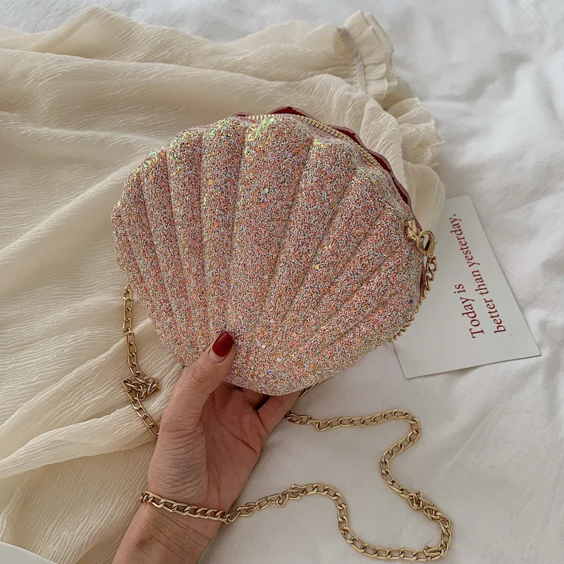 Women Summer Bag Small Sequins Shell Shape Chain Bag Ladies Fashion Sequine Samll Shoulder Bag Girls\' Cute Crossbody Bag