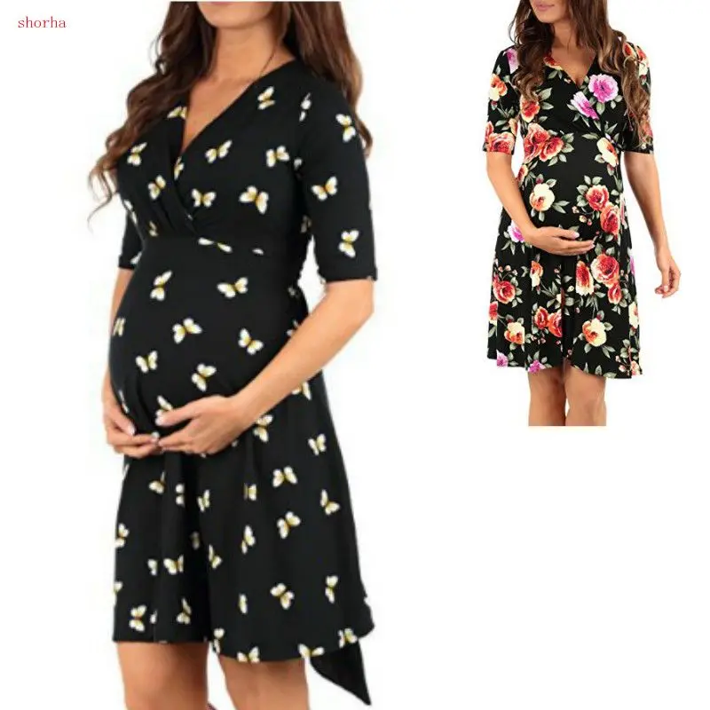 Women Large size printing Pregnant maternity Loose clothes dress Cotton Blended Short Sleeve Floral Print Maternity Dress