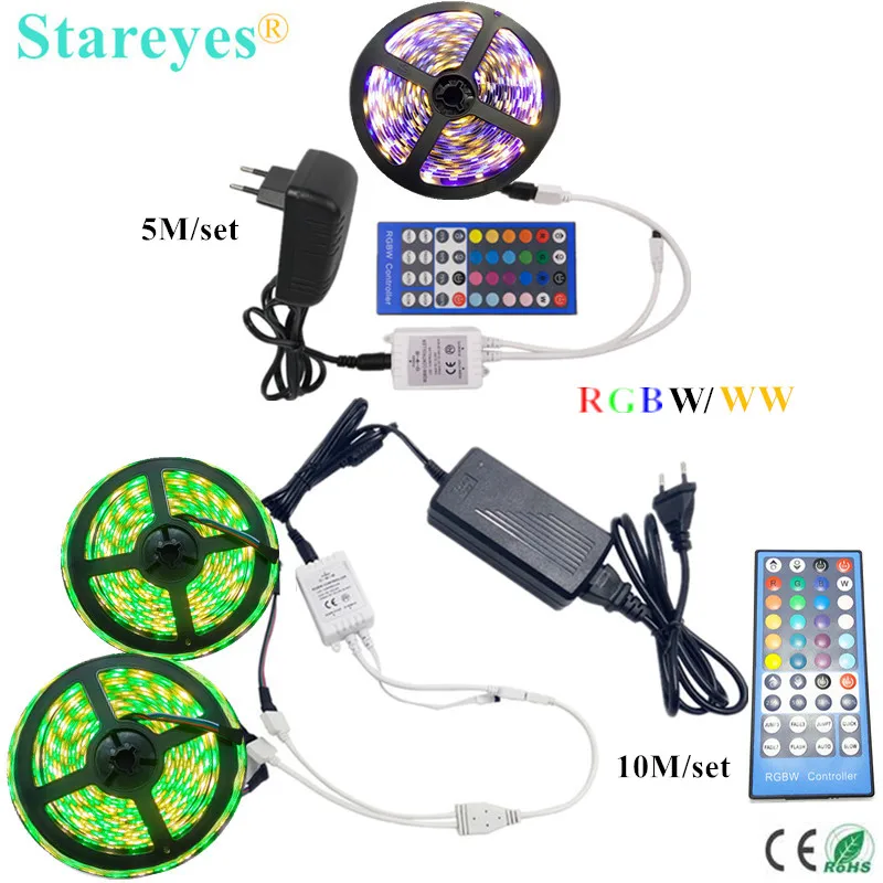 

1 Set 5m 10m SMD 5050 RGBW RGBWW IP20 IP65 Waterproof LED Ribbon RGB W LED Strip light +40 key Remote Controller +3A/6A Adapter