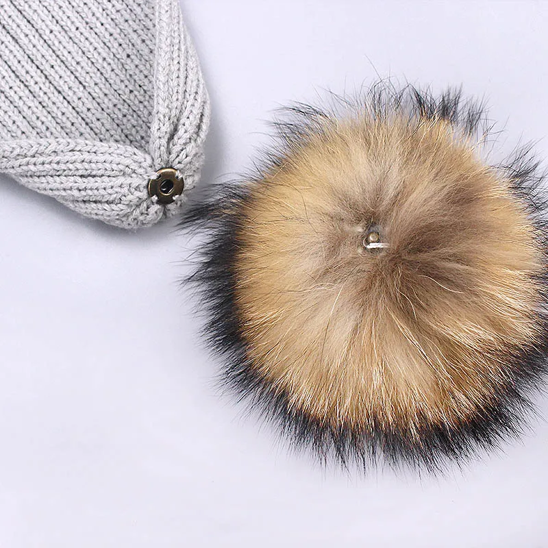 Warm Chunky Thick Hats and Scarves Real Fur Pom Pom Set for Child Mother Baby Kids Girls Boys Warm Hat Winter Beanie Knitted Cap