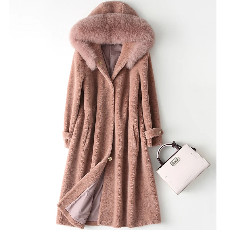 2019 Women Real Sheep Shearing Fur Coat Fox Fur Collar Hooded Coats Medium-Long Winter Jacket Plus Size S-5XL