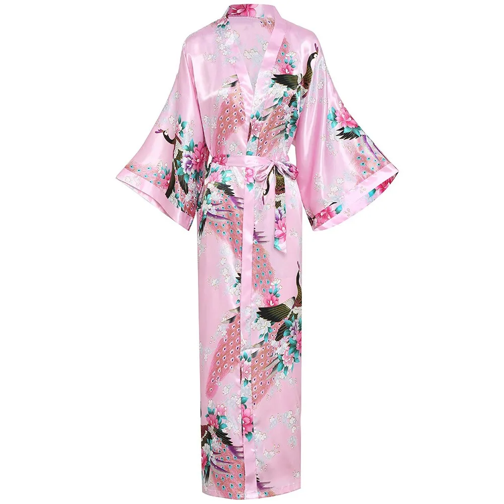 Classic Chinese Female Evening Robes Print Peacock Nightwear Kimono Robe Bath Gowns Sexy Satin Long Robe Plus Size Home Dress