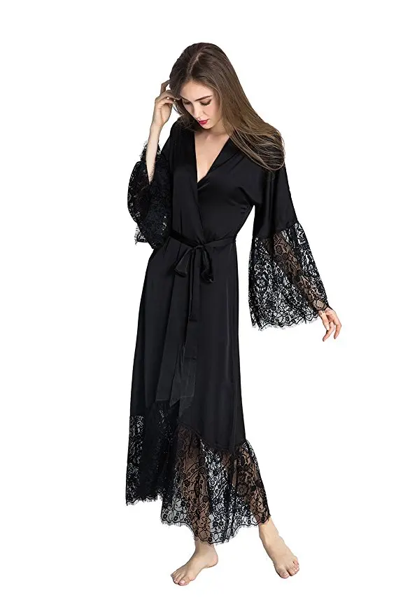 ฤดูร้อนลูกไม้เย็บปะติดปะต่อกันซาตินกิโมโนเสื้อคลุมชุดนอนเซ็กซี่ชุดชั้นในChemisesผู้หญิงผ้าไหมยาวNightgownแต่งงานเพื่อนเจ้าสาวเสื้อคลุม