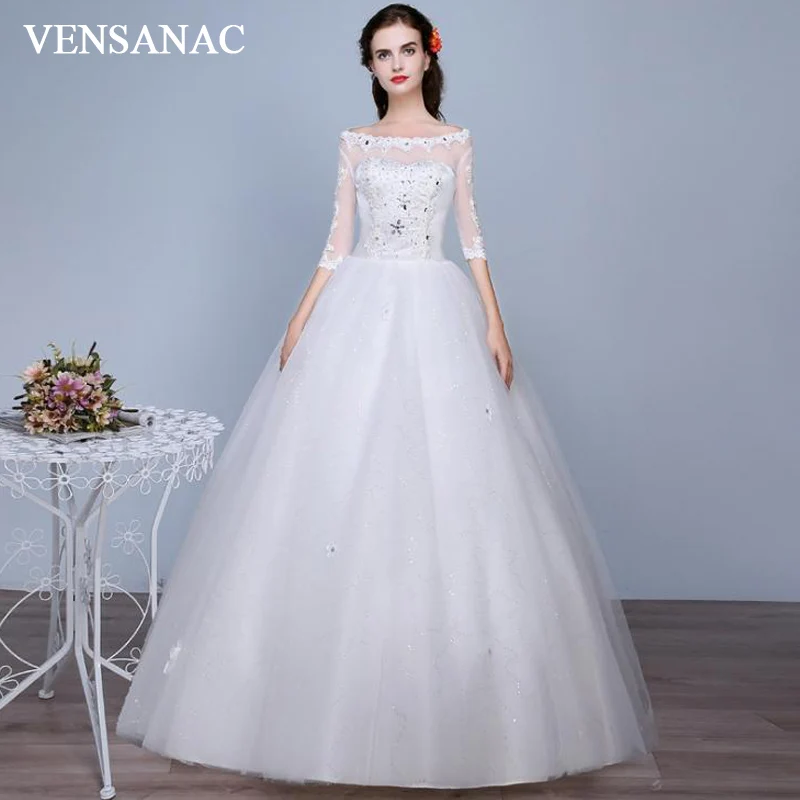 VENSANAC Sequined Boat Neck Lace Appliques Half Sleeve Ball Gown Wedding Dresses 2018 Crystal Flowers Backless Bridal Gowns