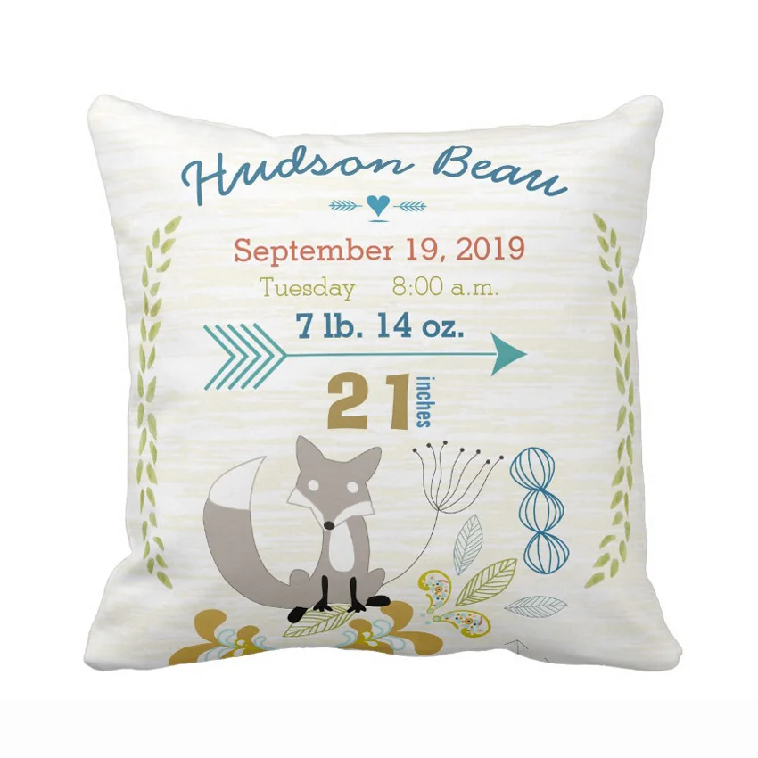 

Custom Birth Stats Baby Boy Woodland Creatures Fox Throw Pillow Cover Home Decorative Cotton Polyester Cushion Covers Baby Gift