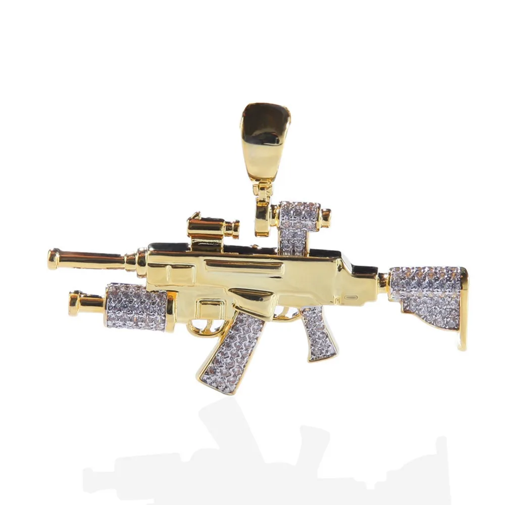 Hip Hop AAA CZ Stones Paved Bling Ice Out Sniper Rifle CS GO Gun Pendants Necklace for Men Rapper Jewelry Gold Color Gift