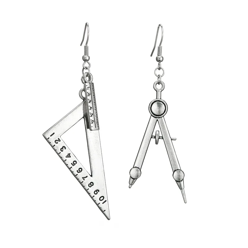Vintage Silver-color Creative Interesting Earrings For Women Spoon Fork Triangle Ruler Scissors Pendant Earrings Charm Jewelry