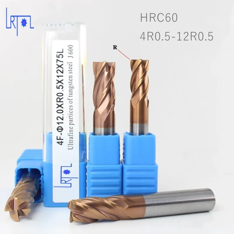 Hrc60 4 flautas r0.2 0.3 0.5 1.0 * d4 6 8 10 12mm raio de canto revestimento fresa cnc espiral roteador bits ferramentas de fresagem