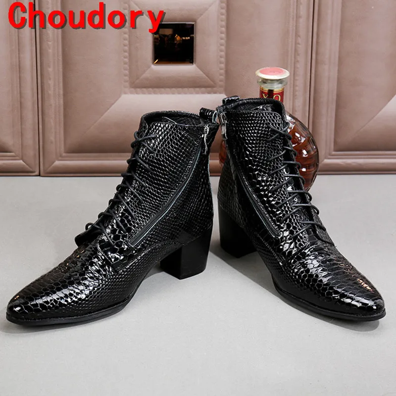 

Choudory botas hombre black military boots chelsea men shoes high heels python skin genuine leather cowboy boots mens