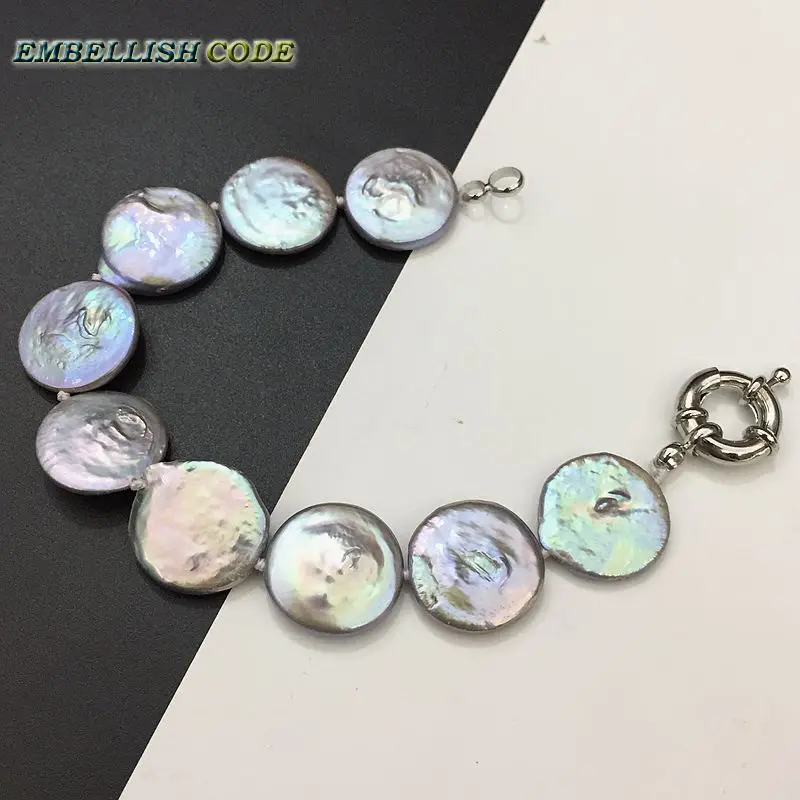 2018 baroque pearl bracelet Bangles gray colorful color flat round coin shape big size real freshwater pearls special for women view 5