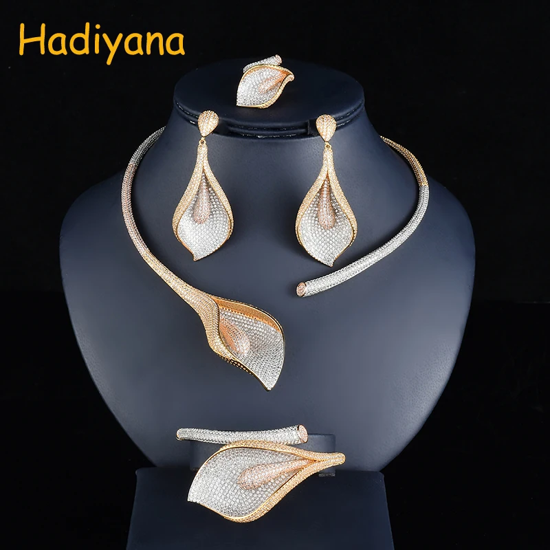 Hadiyana Exaggerate Big Flower Women Wedding Set Jewelry With Mixed Color Plating Cubic Zirconia Dubai Costume Jewelry Set CN748