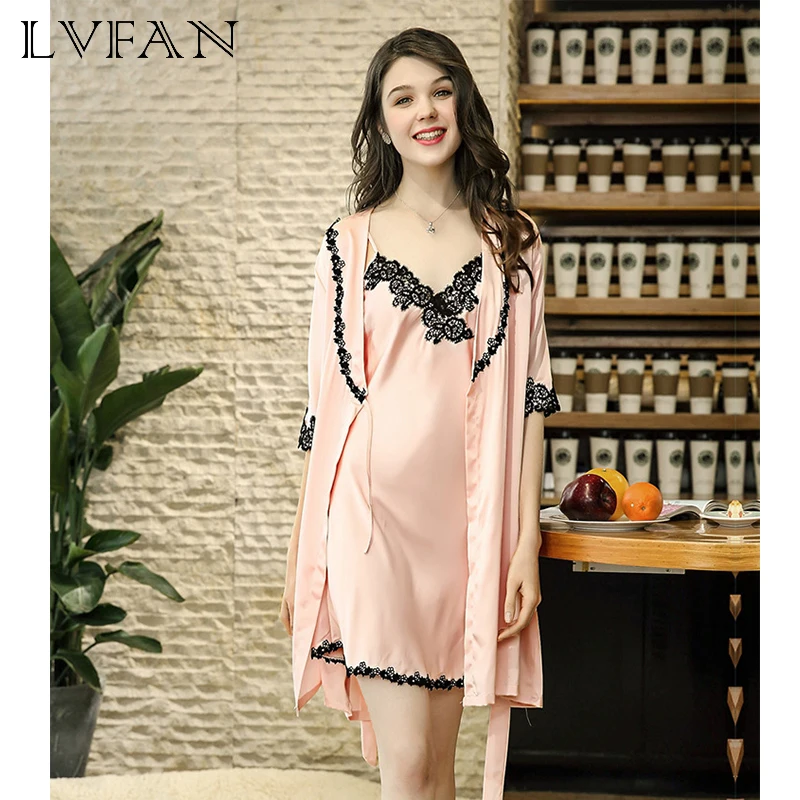 Simulation Silk Hanging Women's Robe Lingerie Two Sets of Home Relax Clothes Peignoir Female Comfort Sleep Wear WP783