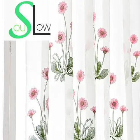 

Slow Soul Red Sunflower Cartoon Flower Embroidered Cotton Pastoral Floral Curtains Tulle For Living Room Kitchen Bedroom Sheer