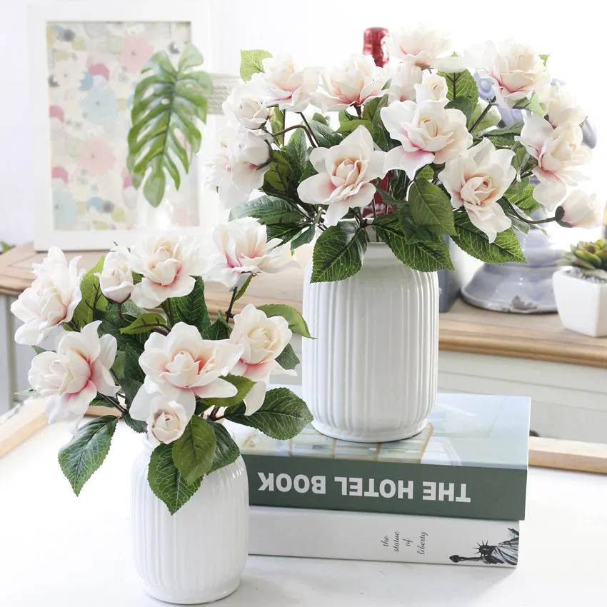 Artificial Gardenia Flower Plants Jasmine Flowers Camellia Silk Flower With Greenery for Party Wedding Home Garden Decoration