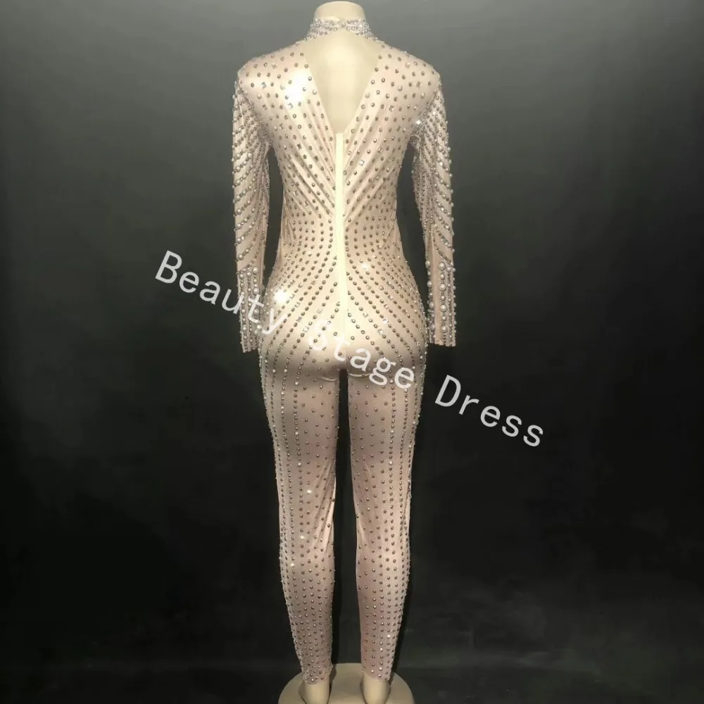 Sáng Ngọc Trai Tinh Thể Lưới Áo Liền Quần Sexy Thạch Quan Điểm Bodysuit Múa Sân Khấu Mặc trang Phục Dạ Hội Chào Mừng Sáng Trang Phục