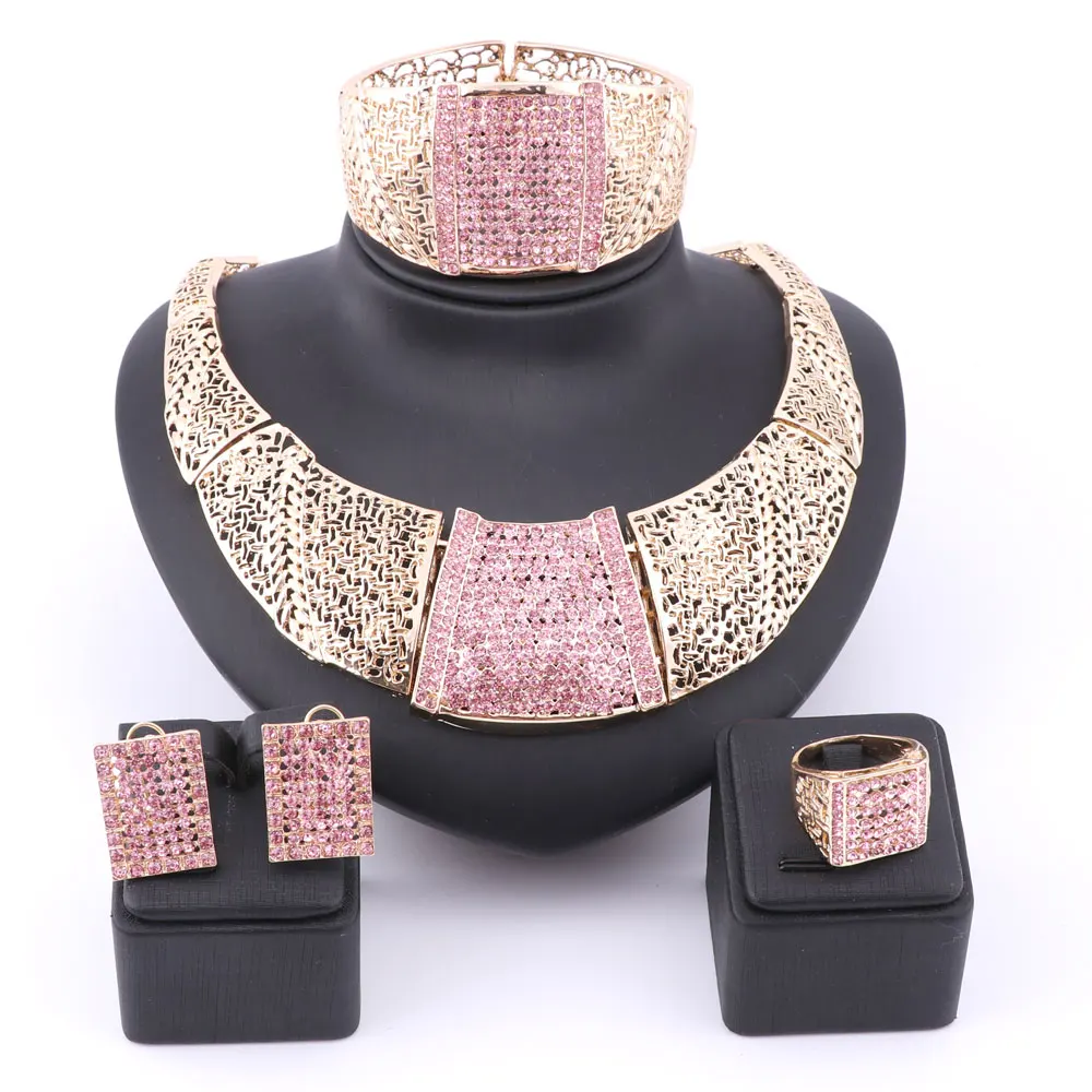 African Jewelry Set  Gold Color Pink Austrian Crystal Rhinestone Women Wedding Necklace Bangle Earring Ring Jewelry Set