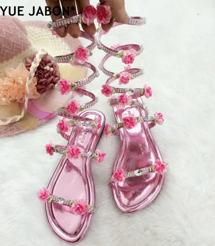 Pink Knee High Slip onFlats Sandal Boots Gladiator Summer Rhinestone Woman Boots Shoes Bohemia Style Crystal Flower Beach Shoes