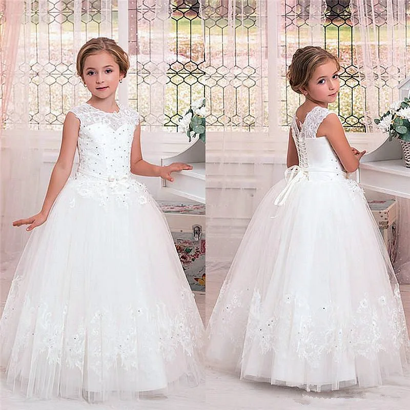 

Lace applique Flower Girl Dress for Wedding First Communion Dresses Floor Length Prom Kids Party Dresses