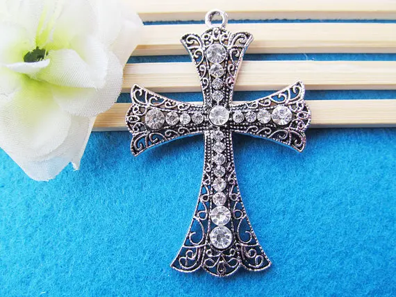 2pcs Large Heavy Good Quality Antique Silver tone Cross Pendant Charm Finding,dotted 21pcs White Rhinestone,DIY Accessory