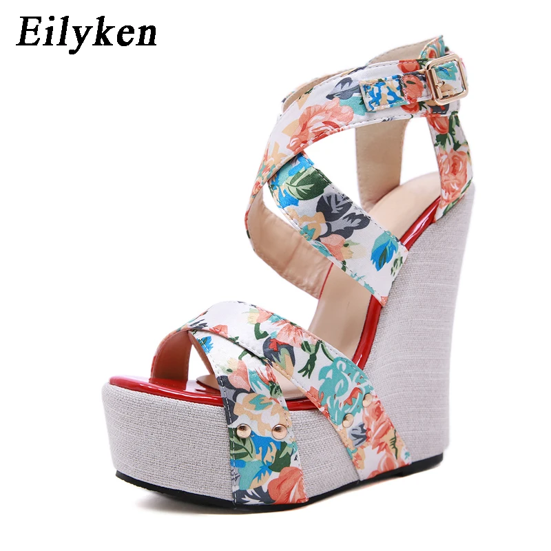 Eilyken Summer Fashion Peep Toe Solid Platform zeppe sandali donna Designer Silk Print Flower Fabric tacchi alti scarpe femminili