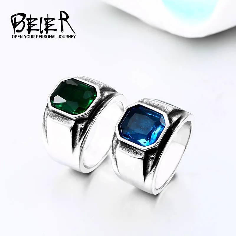 BEIER 2018 Vintage Engagement Imitation Square green/blue Stone Fingel Ring For Women/Men Stainless steel Love Jewelry BR8-586