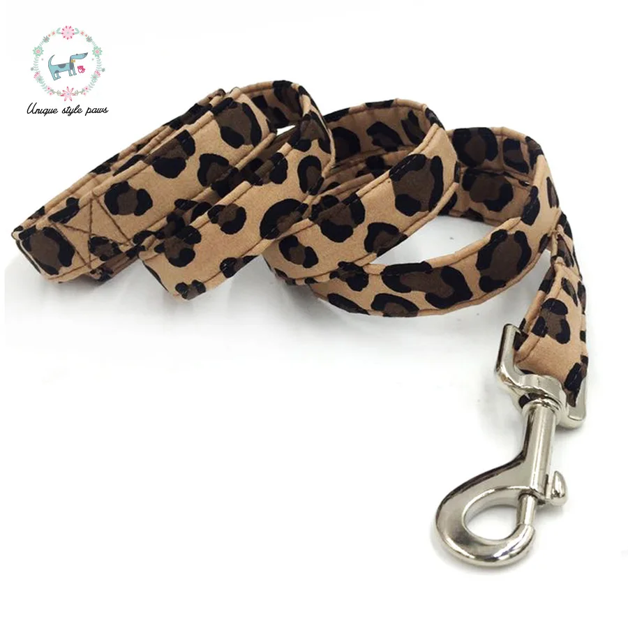 Unique Style Paws Leopard Print Dog Collar and Lead Set with Bow Tie Cotton Dog &Cat Necklace and Dog Leash