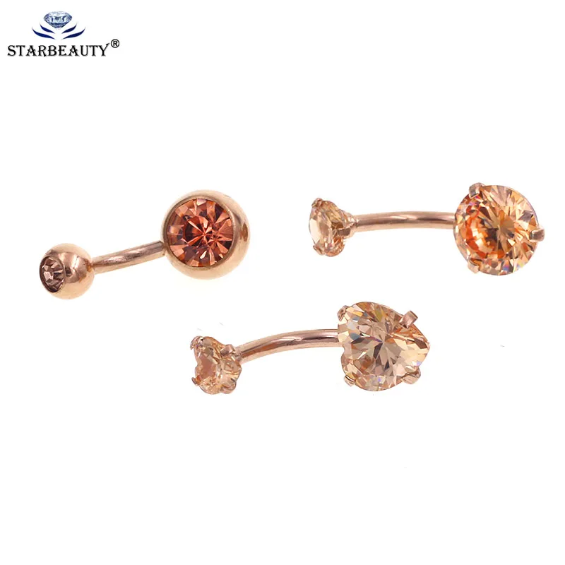 Starbeauty 1Pc Rose gold Color Internally Threaded Belly Button Rings Double Crystal Zircon Navel Ring Piercing Body Jewelry