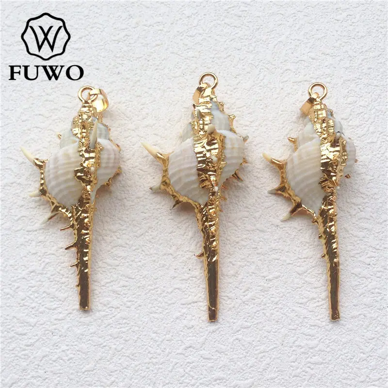 FUWO Natural Murex Shell Pendant With Golden Wrapped Genuine Spiky Trumpet Shell Pendant Beach Charms Jewelry Wholesale PD553