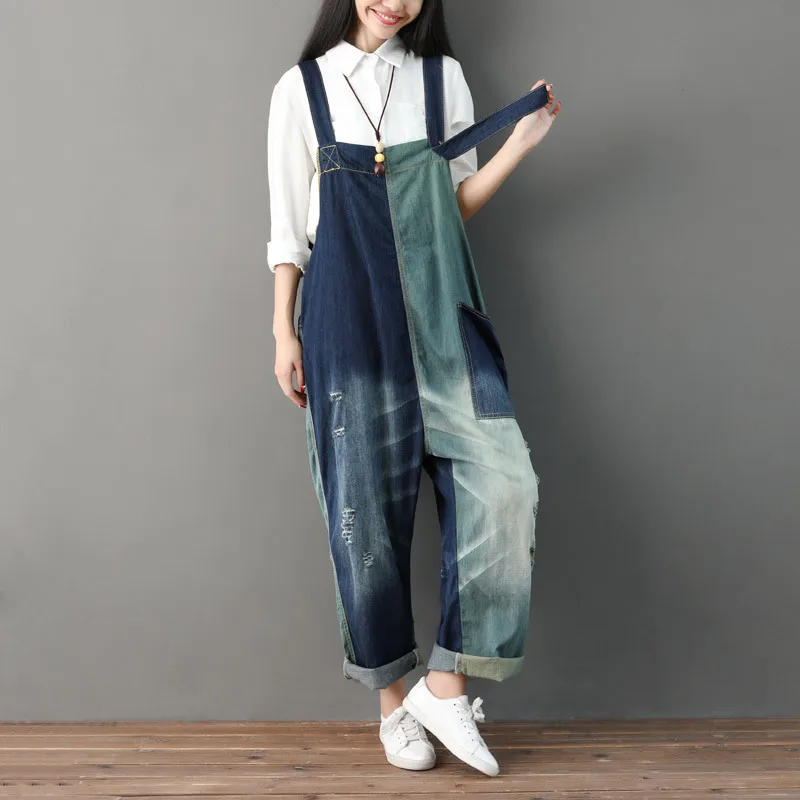 Bib Denim Women Overalls Baggy Jean Jumpsuit Rompers Lady Patchwork Big Pockets Hole Hollow Out Female Suspender Pants