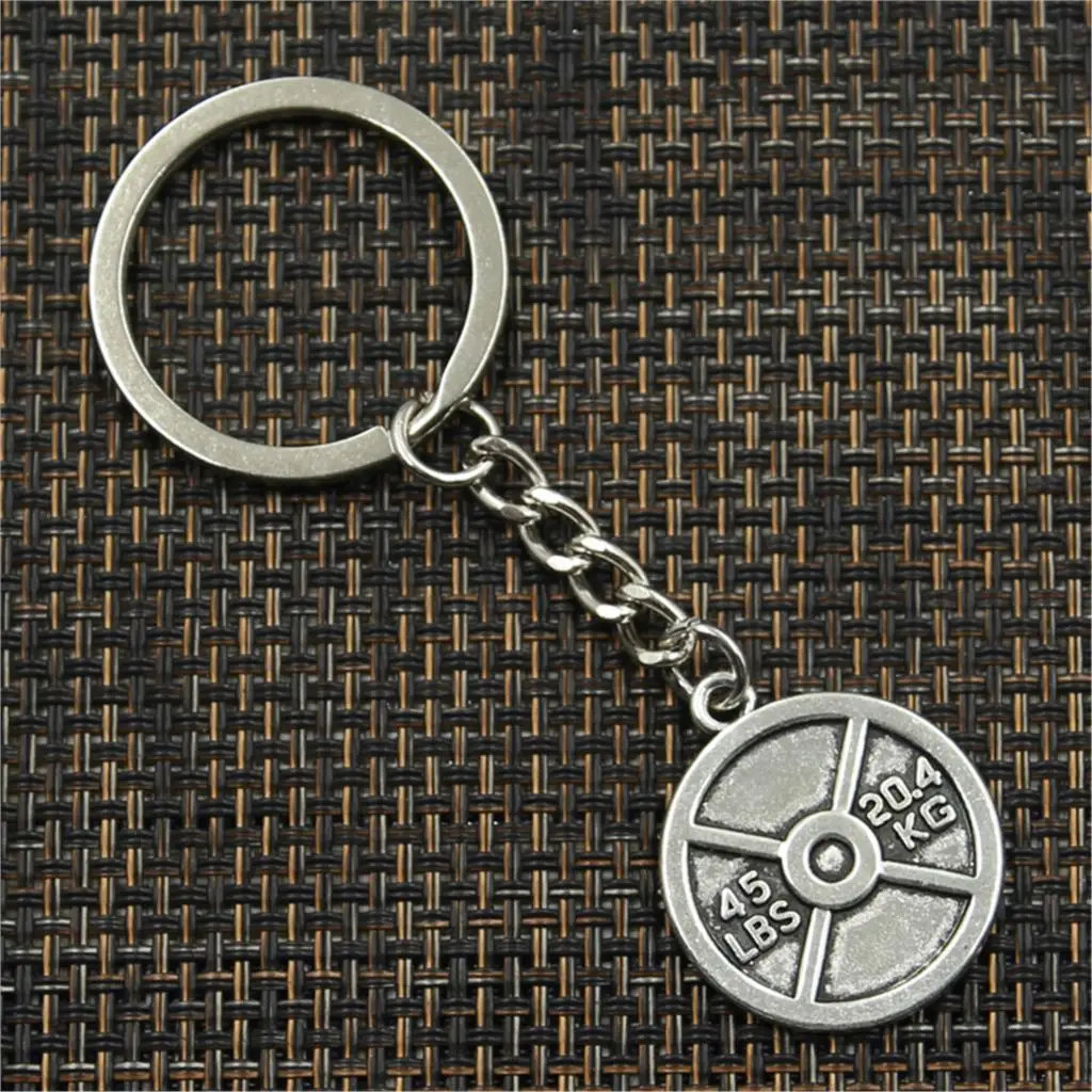 New Fashion Men 30mm Keychain DIY Metal Holder Chain Vintage Barbell Disc Weight 45lbs 20.4kg 24x28mm Silver Color Pendant Gift