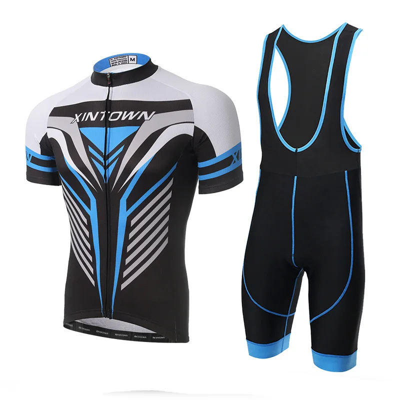 Outdoor Sports Pro Team Men's Short Sleeve Cycling Jersey and Bib Shorts Set Black Blue