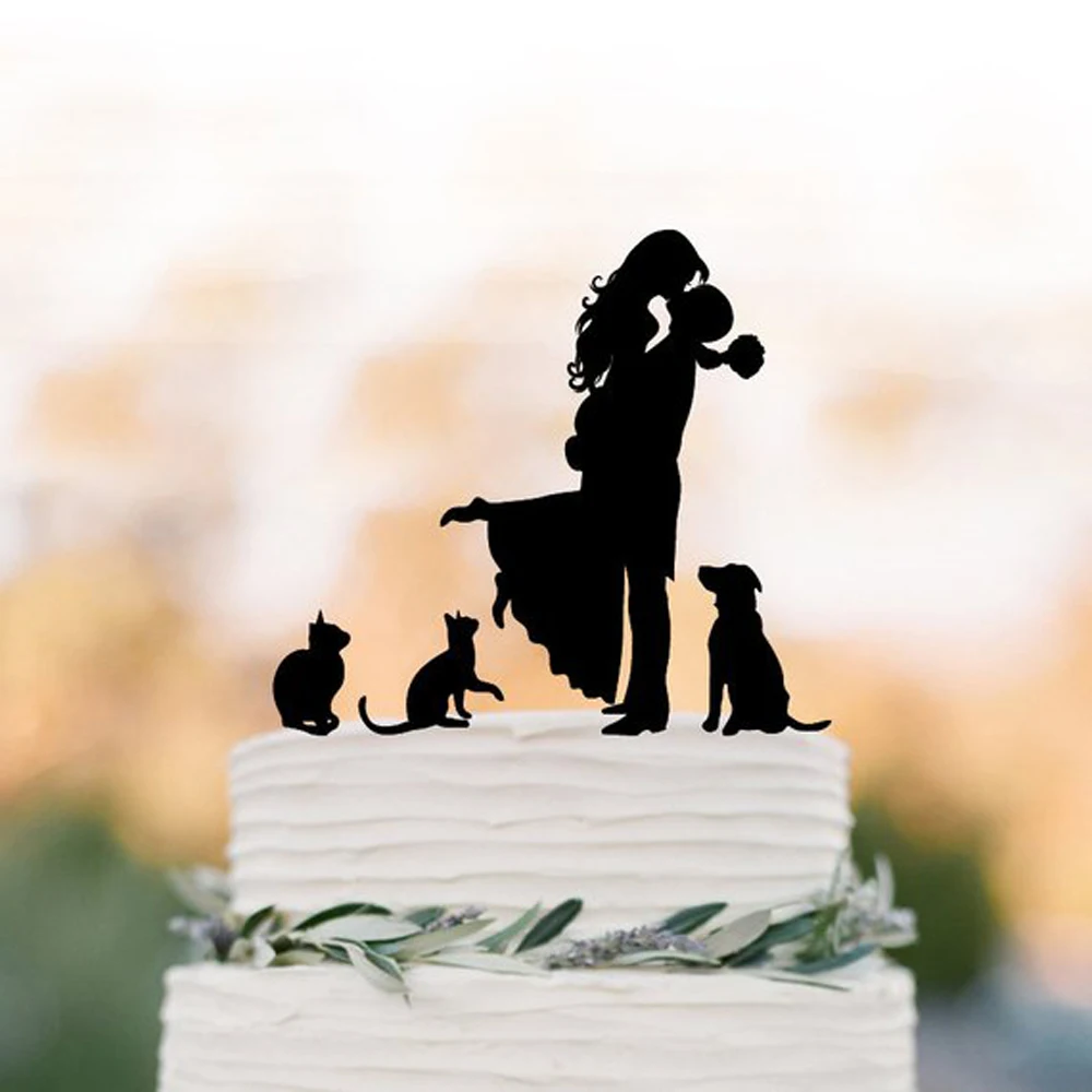 Family Wedding Cake topper, Couple and two cats with dog Cake Topper silhouette, cake topper bride and groom kissing silhouette