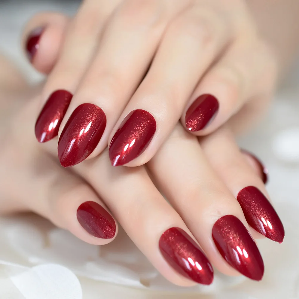 Claret-red False Nails Almond Oval Stiletto Sharp Shimmer Burgundy Red Fake Nail Pointed Full Cover Gel Wear Nep Nagels