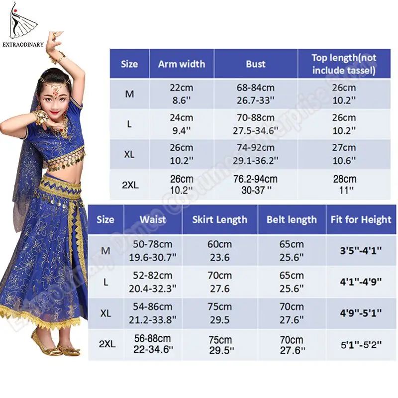 Belly Dance Costume Children Bollywood Dance Costumes Set Indian Bollywood Kids Dresses 5pcs (Headpieces Veil Top Belt Skirt)