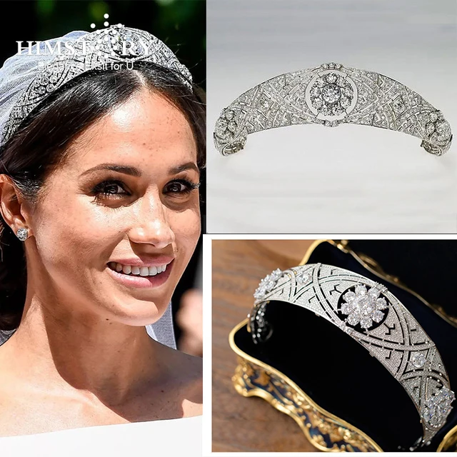 

Himstory Luxury Full CZ Meghan Princess Wedding Tiara Crown Vintage Queen Diadem Hair Accessories