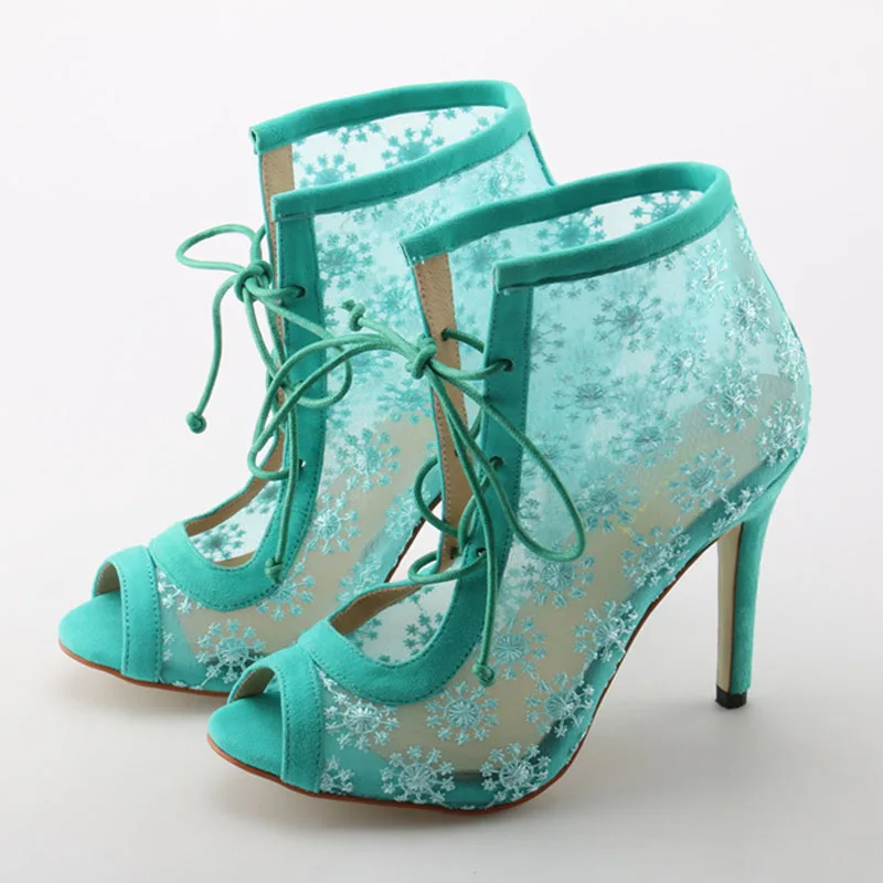 

Ladies Floral Embroidery Lace Mesh Peep toe Ankle Boots Women Thin High Heels Lace Up Floret Short Bottines Bridal Wedding Shoes