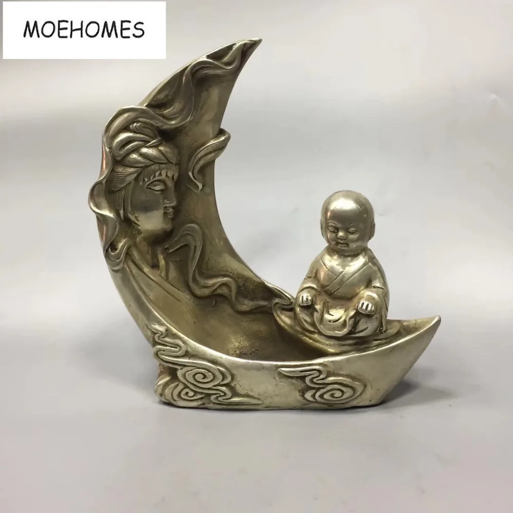 MOEHOMES Chinese Old tibet Silver Bronze Boy, Guanyin, crescent shaped Statue home decoration metal crafts