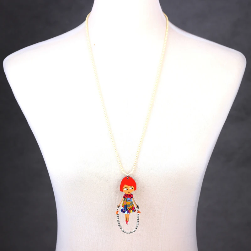 Bonsny Acrylic Cute Jump Rope Girls Pendant Long Chain Charms Dance Necklace Brand Fashion Jewelry For Women Gifts Accessories