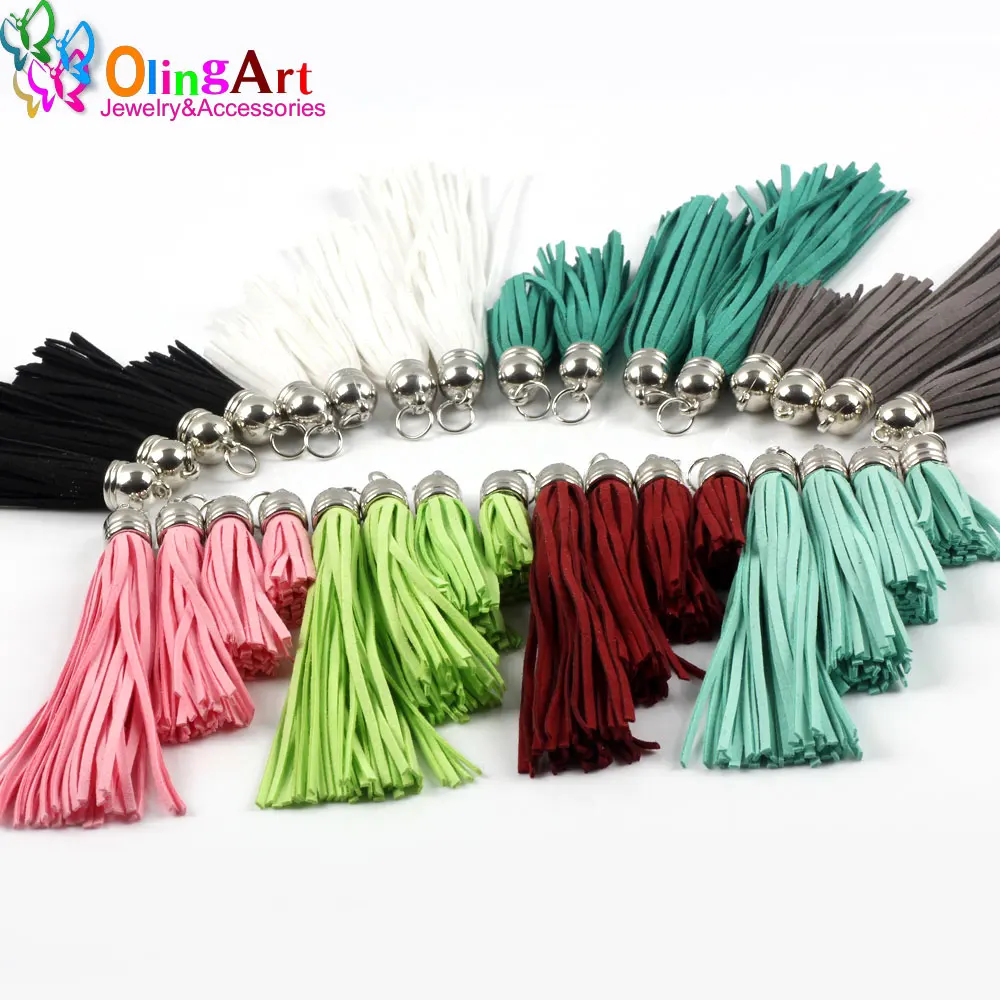 OliangArt 4pcs 4/6/8/10CM Suede Tassel DIY Keychain Cellphone Straps Jewelry making Charms Silver cap Leather Tassels