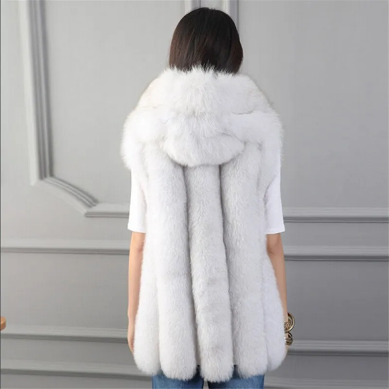 2022 New Winter Women Grey Hooded Faux Fox Fur Vest Female Fashion Luxury Slim Coat Parka Thick Warm Fur Gilet Overcoat