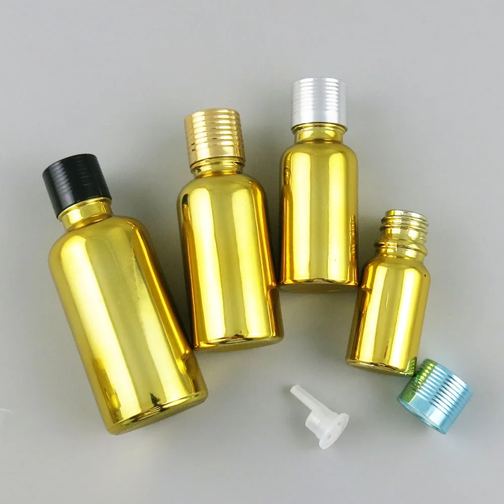 

360 x 10ml 20ml 30ml 50ml 100ml Empty Gold Glass Essential Oil With Aluminum Cap For e Liquid Essential Oil Refillable Bottle