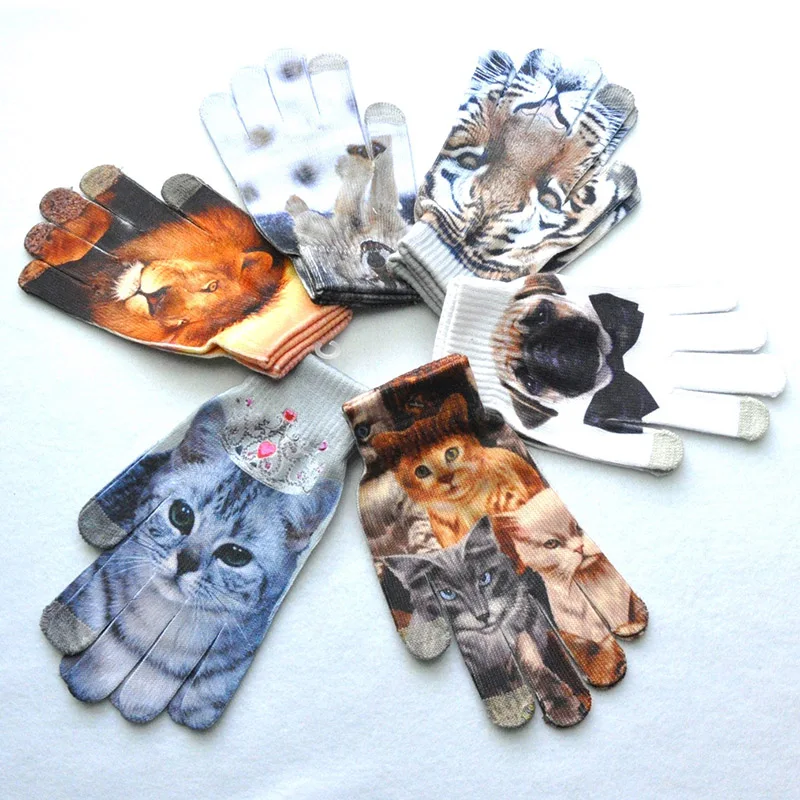Lovely Unisex Animals Digital Pattern Cat Winter Elastic Knit Touch Screen Gloves Men Women Warm Full Finger Dancing Gloves B48
