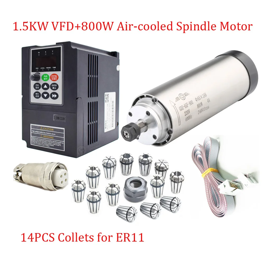 

0.8KW 220V 5A 65*188mm 0.33NM 400HZ 24000rpm ER11 High Speed Spindle Motor+VFD+14PCS Collets for Woodworking Engraving