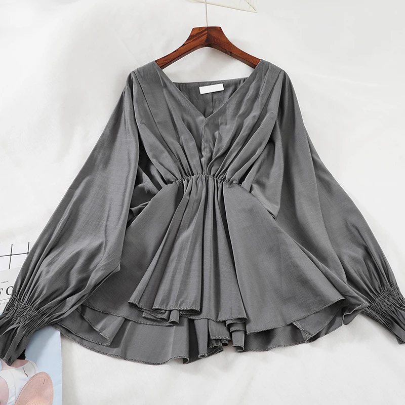 2024 Women Autumn Deep V-Neck Long Batwing Sleeve Basic Pleated Shirt Lady Elastic Slim High Waist Pullover Ruffles Blouse Tops