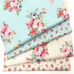 Pretty 50x160cm Blooming Blue White Red Rose Flowers Printed Cotton Fabric For DIY Sewing