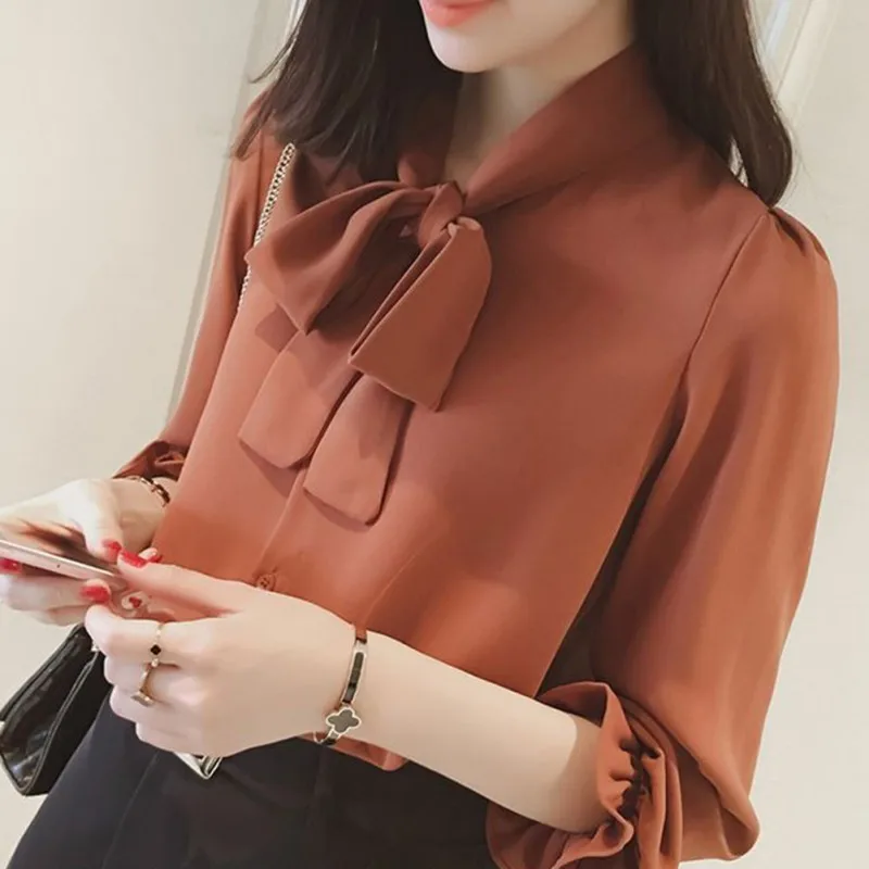 Elegant long sleeve women slim shirt spring fashion colthes bow chiffon blouse office ladies formal plus size tops Yellow