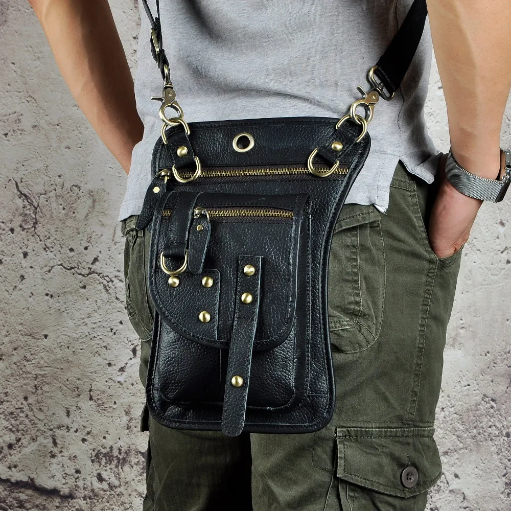 Genuine Leather Design Mens Small Casual Messenger Mochila Bag Fashion Travel Belt Waist Pack Drop Leg Bag Tablets Pouch 2141-b