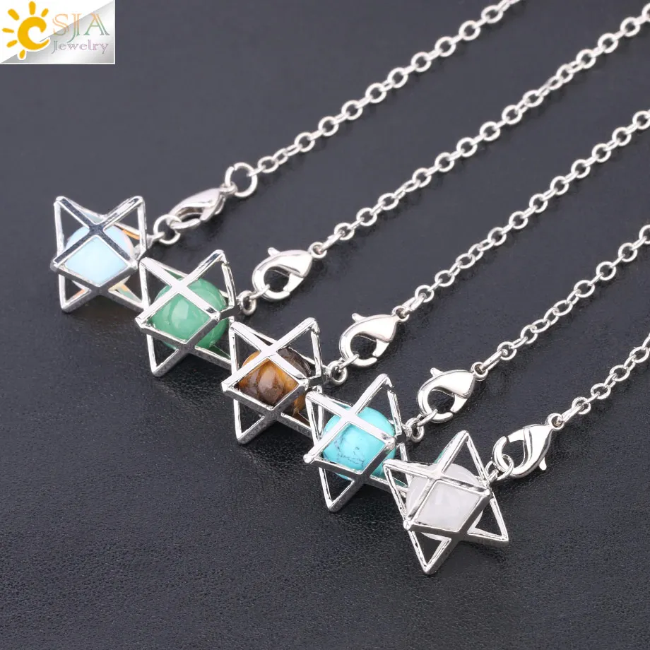 CSJA Reiki Natural Stone Merkaba Pendulum for Wicca Drowsing Hexagram Pendule Round Crystal Quartz Beads Pendants Jewellery F975