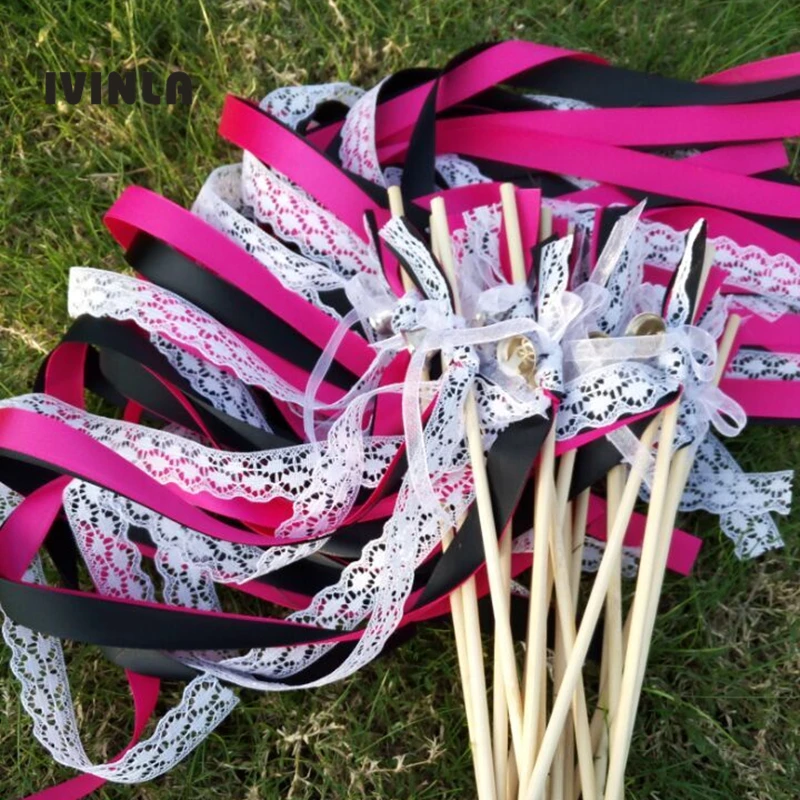 

50pcs/lot Black +fushia ribbon wands for with white lace for wedding party ,birthday party