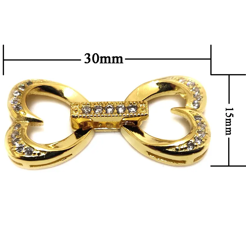 Wholesale 15x30mm 2 Rows Yellow Gold Double Heart Style 925 Sterling Silver Jewelry Foldover Clasp